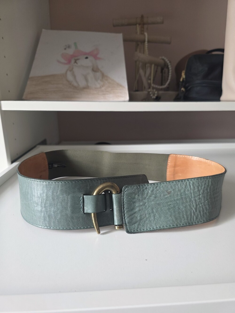 Wide Green Elastic-Back Waist Belt with Brass Ring Buckle